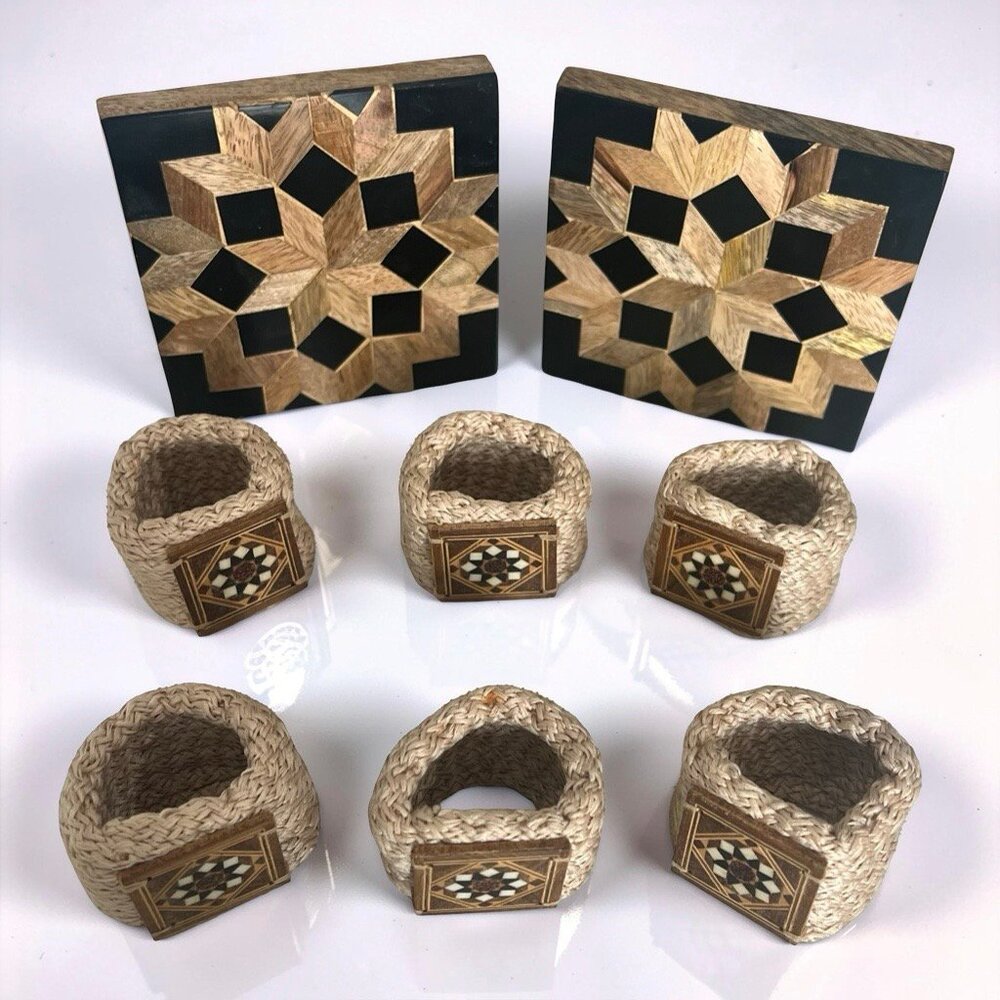 6 Jute Burlap Napkin Ring Set with 2 Geometric Wood / Resin Coasters Brown Black